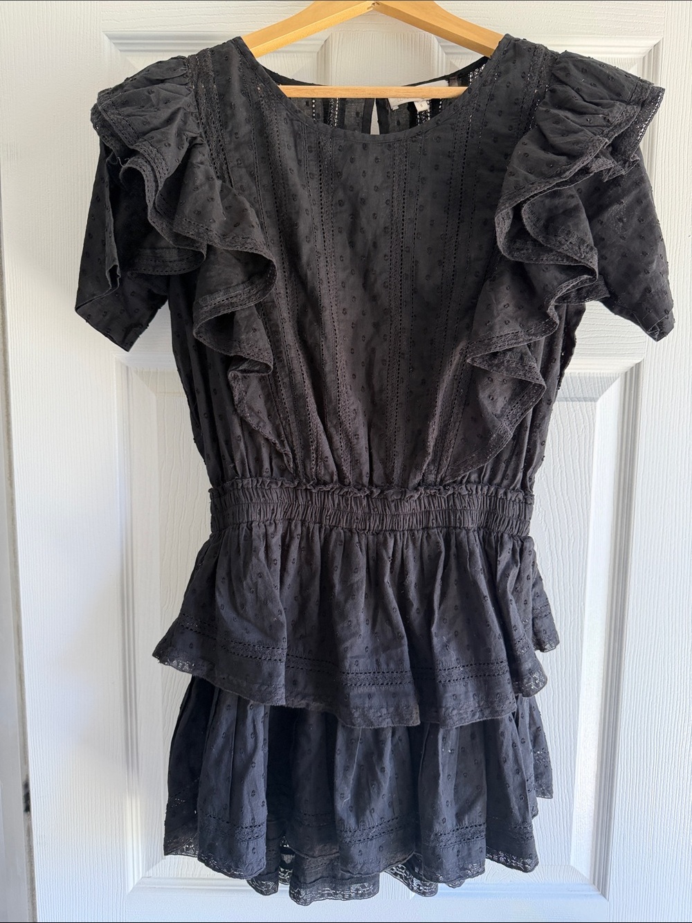 Love Shack Fancy Black Ruffled Eyelet Tiered Mini Dress
